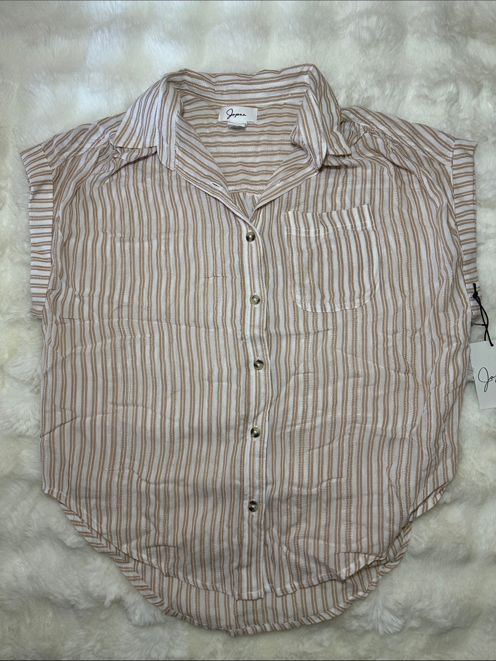 Joan Ruffled Sleeve Stripe Button-Down Shirt - Cream & Tan